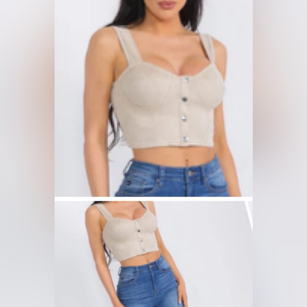 Women's. Sleeveless Button Closure Suede CropTop Beige